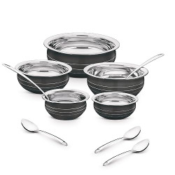 Classic Essentials Patila Set with Serving Spoon | Biryani Cook & Serve | Kitchen Cookware Set | Induction Cookware Set Stainless Steel (300ml, 550ml, 750ml, 1100, 1500ml (Black)