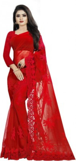 Barkiya Creation Embroidered Bollywood Net Saree(Red)