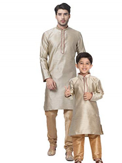 VASTRAMAY Baap Beta Beige Kurta and Pyjama Set (Man-36 Size/Boy-7-8 Years)
