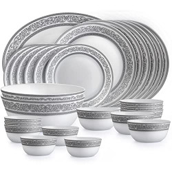 Cello Opalware Solitaire Series Argento Dinner Set, 27 Units | Opal Glass Dinner Set for 6 | Crockery Set for Festive Ocassions, Parties | White Plate and Bowl Set