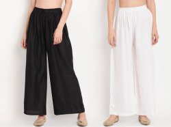 Pack of 2 Women Regular Fit Black, White Viscose Rayon Trousers