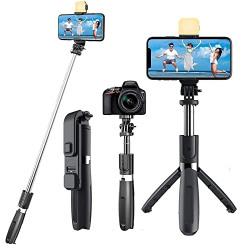 Blushinsta Selfie Stick with Fill Light, All in One Portable Selfie Stick Tripod Phone Holder with Detachable Wireless Remote, Compatible with iPhone 13/12/11, Android Smartphone & Lightweight (Black)