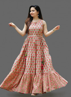 Women Printed Viscose Rayon Anarkali Kurta (Beige)