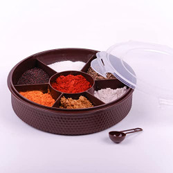 Clazkit Plastic Round 7 Sections Multipurpose Masala Rangoli Dabba Box Set, Spice Box Set - Brown (Masala Box - 7 in 1)
