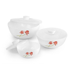 Cello Opalware Royale Mixing Bowl Set with Lid(500ml, 1000ml,1500ml), Red Lotus, 3pcs, White