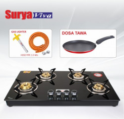 SURYAVIVA Hobtop 4B bk (Lighter+Hose pipe+Dosa Tawa) Toughened Glass Stove(Manual,Black) Glass Manual Hob(4 Burners)