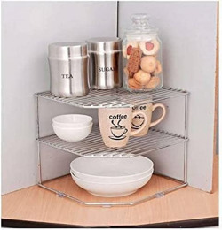 Zepdos Stainless Steel 2-Tier Kitchen Rack Spice Container Organizer, Utensils Dishes Spices Jar holder Rack,Cup & Glass Holder, Corner Dish Rack for Kitchen (3 Layer Corner Rack, Corner Shelf)