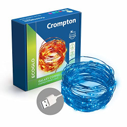 Crompton Galaxy Decoration Copper USB Powered String Fairy Lights with 100 Led Light (10 Meters, Blue, Pack of 1)