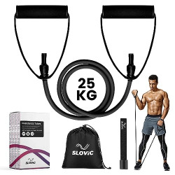 SLOVIC Resistance Tube (1 Year Warranty) with 30+ Exercise E-Guide & Foam Handle, Suitable for Home and Gym for Men and Women, Multipurpose Resistance Tube Band (Black = 25kg)