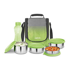 MILTON Tasty 4 Combo Lunch Box with Insulated Fabric Jacket, 4 Stainless Steel Containers (200 ml, 320 X 2 ml, 500 ml) & 1 Green Plastic Bottle, Leak-Proof Tiffin for Office, College, Picnic, Black