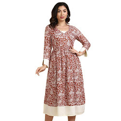 DEEBACO Women's Fit and Flare Flower/Floral Printed Midi Dress for Women Western Cuff Sleeves One Piece A Line Kurta Dresses (Rust Orange Floral Dress with White Accent_DBDR00000319C_XS)