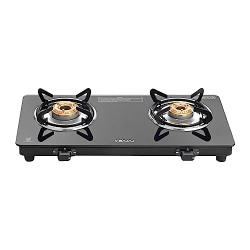 Bajaj UCX 2 Burner Slim Glass Top Gas Stove | Slim Frame Glass Cooktop | 2-Brass Burners | 360 Degree Swivel Nozzle | Stainless Steel Drip Tray Black