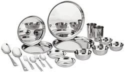 Solimo Stainless Steel Heavy Gauge Dinner Set, 18 Pcs | Mirror Finish I Bhojan Thali Set I Dinnerware Set for Kitchen I Dishwasher Safe