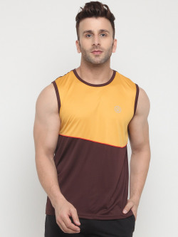 CHKOKKO Men Mustard Yellow Colourblocked Gym T -Shirt