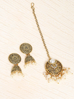 OOMPH Antique Gold-Plated Oxidized Stone-Studded & Pearl Beaded Jewellery Set