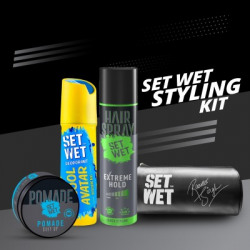 SET WET Men's Styling Kit-Deodorant(150ml),Pomade(60g),Hair Spray for Men(200ml) & Pouch Deodorant Spray  -  For Men(410 ml, Pack of 4)