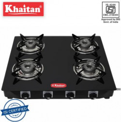 Khaitan 4 Burner Active Forge Black Toughened Glass Manual Gas Stove (4 Burners)