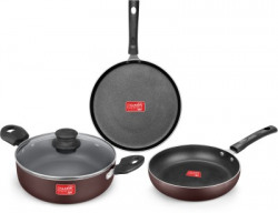 Classic Essentials Cookmaster 3pc nonstick Set Maroon |Kadhai (22cm) Fry pan(22cm) Dosa Tawa(28cm) Induction Bottom Non-Stick Coated Cookware Set(Aluminium, 3 - Piece)