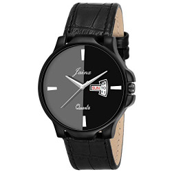 jainx Day and Date Feature Black Dial Leather Strap Analog Watch for Men & Boys - JM328