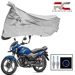 Riderscart 100% Waterproof, Dustproof & UV Protection Bike Cover Combo with Motion Censoring Blue Tyre Light and Storage Bag Body Covers for Honda CB Shine - Silver