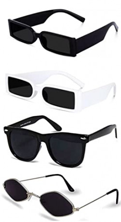 Sheomy Unisex Combo offer pack of 4 shades glasses White Black Candy MC  stan Rectangle Retro Vintage Narrow Sunglasses Women and Men Small Narrow