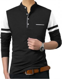 TRIPR Colorblock Men Mandarin Collar White, Black T-Shirt