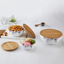 Cello Opalware Royale Mixing Bowl Set with Bamboo Lid - Helena 500ml, 1000ml, 1500ml, White, 3pcs