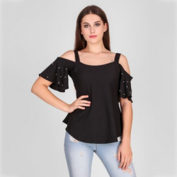 Fashion Ritmo Party Ruffled Sleeve Solid Women Black Top Starts@199