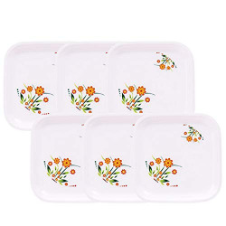 Wonder Microwave Safe Unbreakable Printed Square Full Plates, Set of 6 Pcs, White with Floral Print,