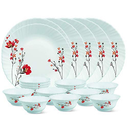 Larah by Borosil Glass Chrys RedThali Set (White) - 18 Pieces