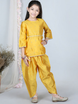 Cutiekins Girls Round Neck Self Design Gotta Patti Bell Sleeve Kurta with Dhoti Pants