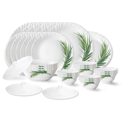 Larah by Borosil Crescent Fluted Series Opalware Floral Dinner Set|31 Pieces for Family of 6|Microwave&Dishwasher Safe|Bone-Ash Free|Crockery Set for Dining&Gifting|Plates&Bowls|White