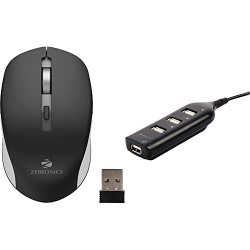 ZEBRONICS Zeb-Jaguar Wireless Mouse, 2.4GHz with USB Nano Receiver, High Precision Optical Tracking & ZEB-90HB USB Hub, 4 Ports, Pocket Sized, Plug & Play, for Laptop & Computers