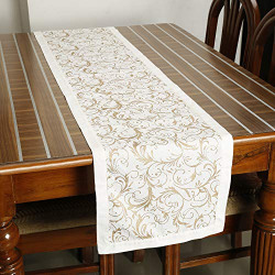 Dekor World Cotton Gold Printed White Table Runner (33x180cm) (Pack of 1)-6 Seater Dining & Center Table