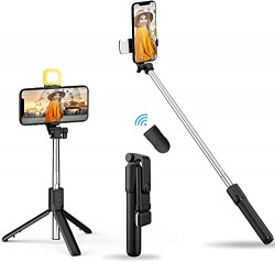 HOLD UP Selfie Stick with LED Fill Light, Phone Tripod Stand with Detachable Bluetooth Wireless Remote Compatible with iPhone 12/11/XR/X/Pro, Galaxy S10 and More(Black-White Lights)