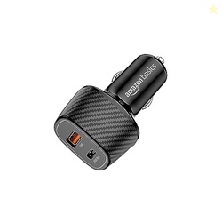 Amazon Basics - Car Charger with Dual Output | Fast Charging | Compatible with All Smartphones, Ipad, Tablets, Macbooks | 69W | Black, USB