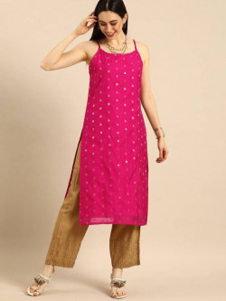 Women Woven Design Polyester Straight Kurta(Pink)
