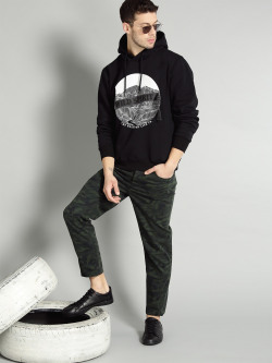 The Roadster Lifestyle Co Men Black & White Printed Hooded Sweatshirt