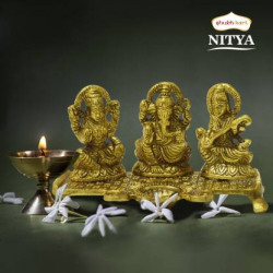 Shubhkart Nitya Ganesh Saraswati Idol with Diya Lamp Statue - 188 g Decorative Showpiece  -  10.5 cm(Metal, Yellow)