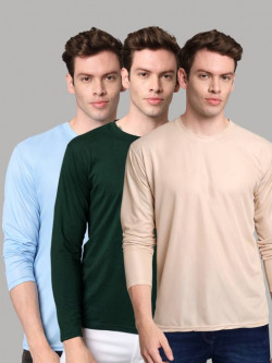 Pack of 3 Men Solid Round Neck Polyester Green, Beige, Light Blue T-Shirt