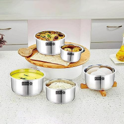 USHA SHRIRAM Stainless Steel Tope Set |Gas & Induction Heating |Stainless Steel Patila, Durable & Wobble Free Base | Flat Bottom (Steel Tope (5Pcs) - No Lid)