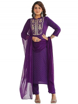 GoSriKi Women's Cotton Blend Floral Straight Kurta with Pant & Dupatta (RAJI-BEGANI-NKJ-GS_Purple_X-Large)