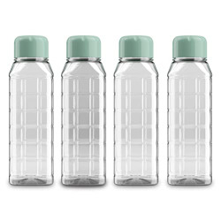 KOLORR Chess 500 ml small BPA Free Clear Plastic Water Bottle set of 4 for Home, Fridge, Office, Gym, Yoga, School, Travel (Transparent & Green Cap)