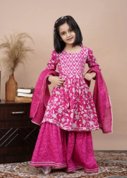 Raithan Girls Festive & Party Kurta, Pyjama & Dupatta Set(Pink Pack of 1)