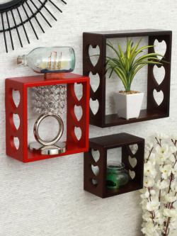 Home Sparkle Set of 3 Brown & Red MDF Pocket Wall Shelf