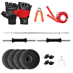 VICKY Home Gym Set 10kg Straight Rod Portable Exercise Kit Fitness Equipment Personal Training Workout Stretching Combo with Dumbbell Rods Gloves Skipping Rope Hand Gripper Weight Plate for Men Women