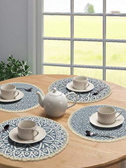 SARAL HOME EASY LIVING Jute and Cotton Printed Round Table Mat (Grey, 38x38 Cms) -Pack of 4