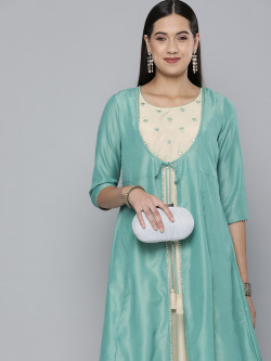 HERE&NOW Green Embroidered Tie-Ups Empire Midi Ethnic Dress