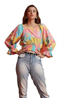 Leriya Fashion Women's Slub Rayon Long Sleeve Crop Top Scoop Neck Swiss Tie-dye Elegant Blouse Top (Multi & Yellow, Large)