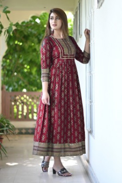 MintMarie Women Printed Anarkali Kurta(Maroon)